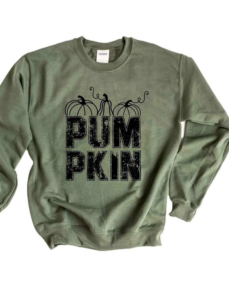 Front of a size XL Pumpkin Distressed Graphic Sweatshirt in Military by Simply Sage Market. | dia_product_style_image_id:301600